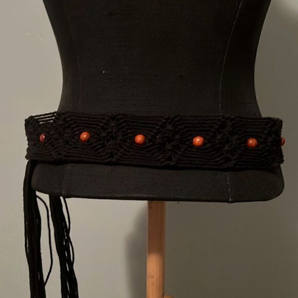 Department Women's Black Solid Tassel Beaded Macrame Belt 31.5” Between Knots - Picture 4 of 4